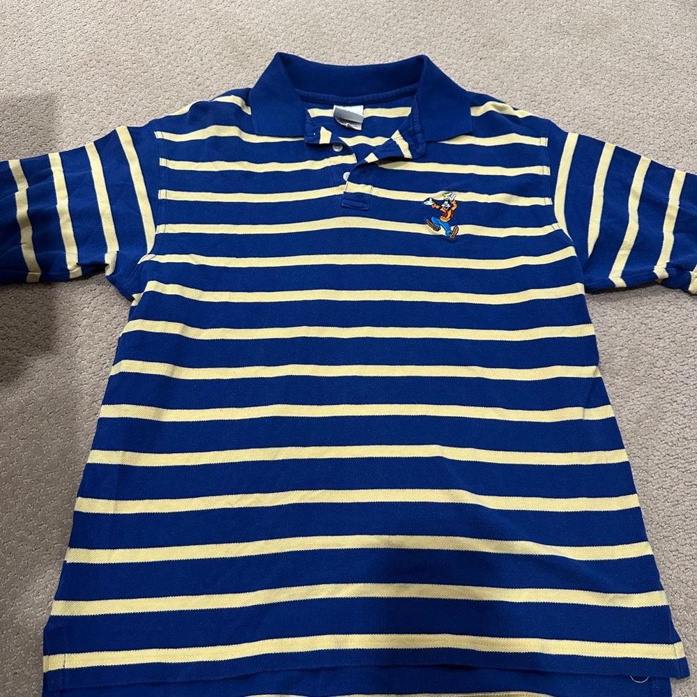 Vintage Disney Blue and Yellow Striped Polo Shirt - Goofy